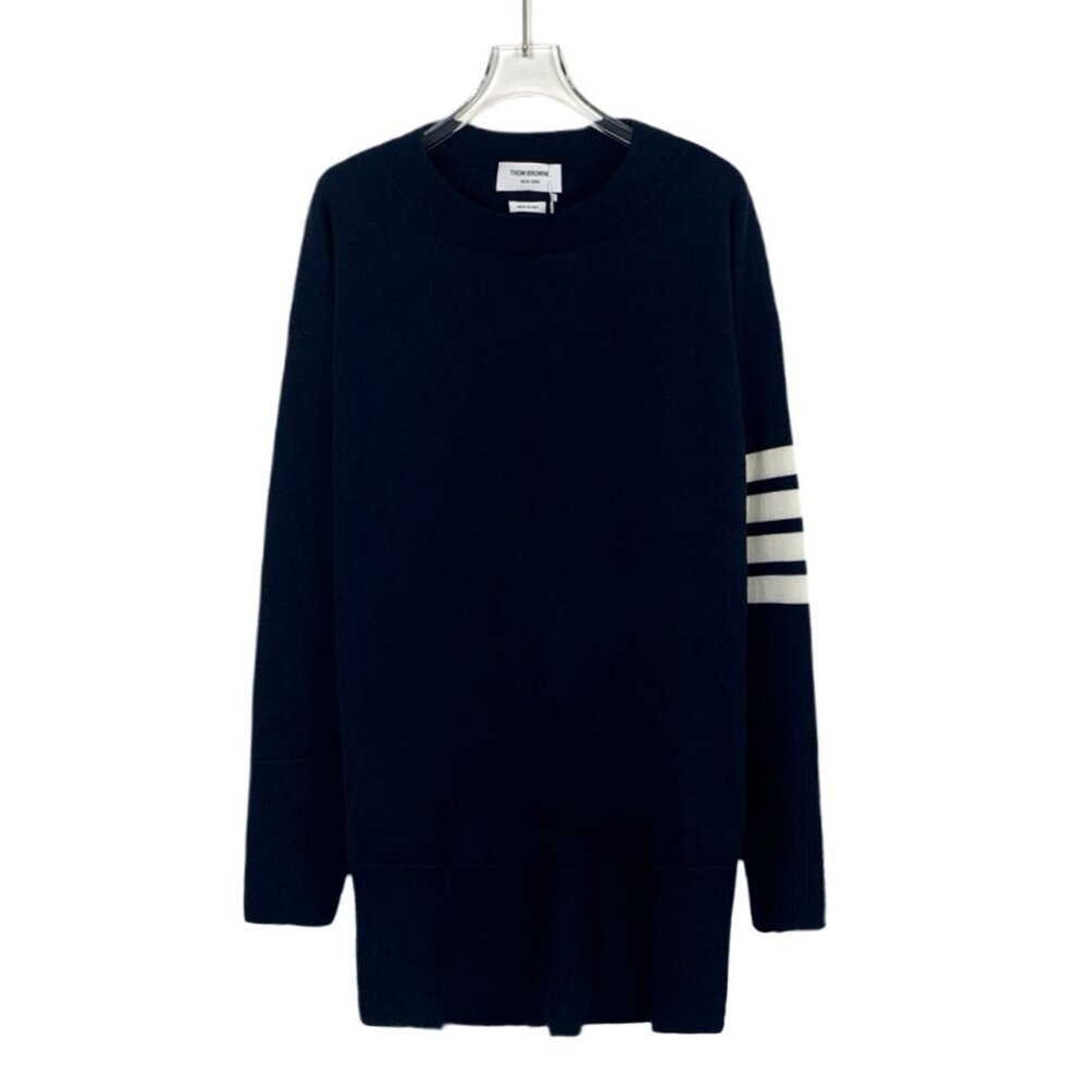 CM0191 Thom Browne Navy Wool Knit Sweater With White Stripes & Button Details